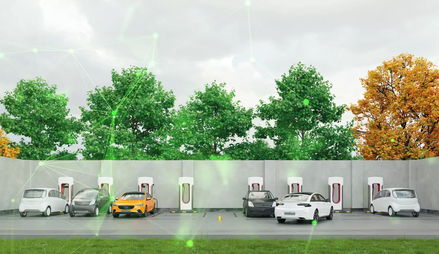 electric cars parking lot charging green